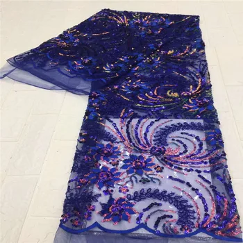 

2020 Wholesale luxury quality African chiffon lace fabric with sequins 5 yards royal blue sequins lace fabric