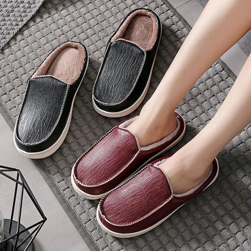 

Nice Winter Women's Slippers Leather Waterproof Warm Plush Home Cotton Shoes Non-Slip Ladies Outdoor Flat Shoe Female Slipper