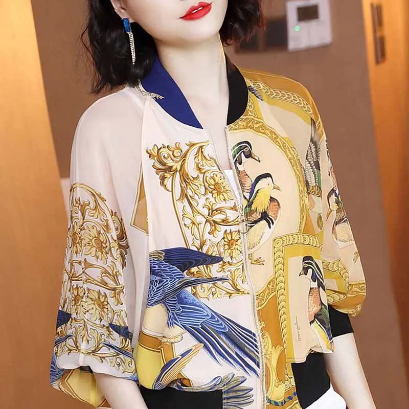 

Real Silk Baseball Uniform Jacket Women's Spring And Summer 2019 New Style Retro Printed Cardigan Jacket Loose Casual Coat Fashi