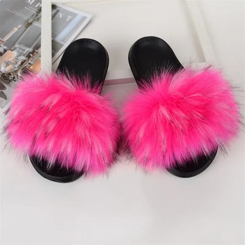 Fur Slippers Sandals Flip-Flops Slides Faux-Fur Furry Fluffy Girls Kids Children Beach