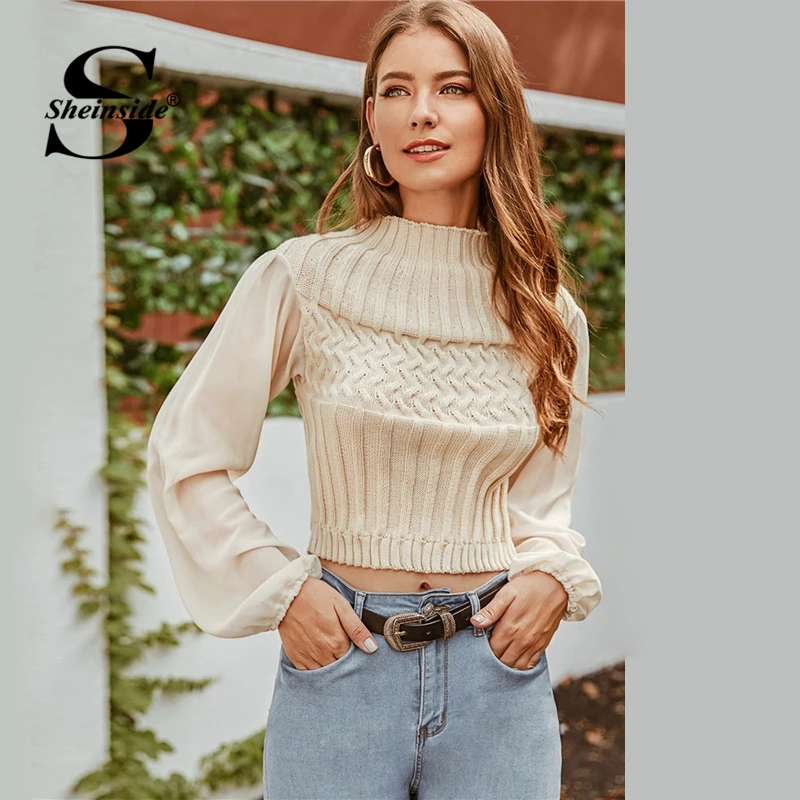 

Sheinside Casual Beige Lantern Sleeve Rib-Knit Sweater Women 2019 Autumn Mix Patchwork Sweaters Ladies Stand Collar Sweater