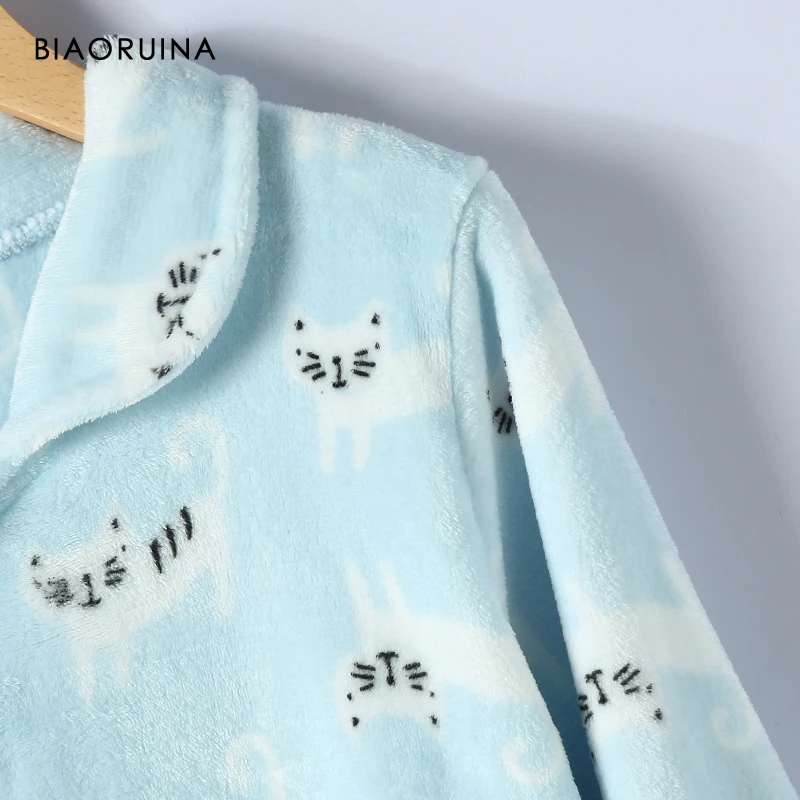 BIAORUINA, женская пижама из кораллового флиса с рисунком кота, комплект из двух предметов, теплый плотный удобный зимний спальный комплект, нижнее белье