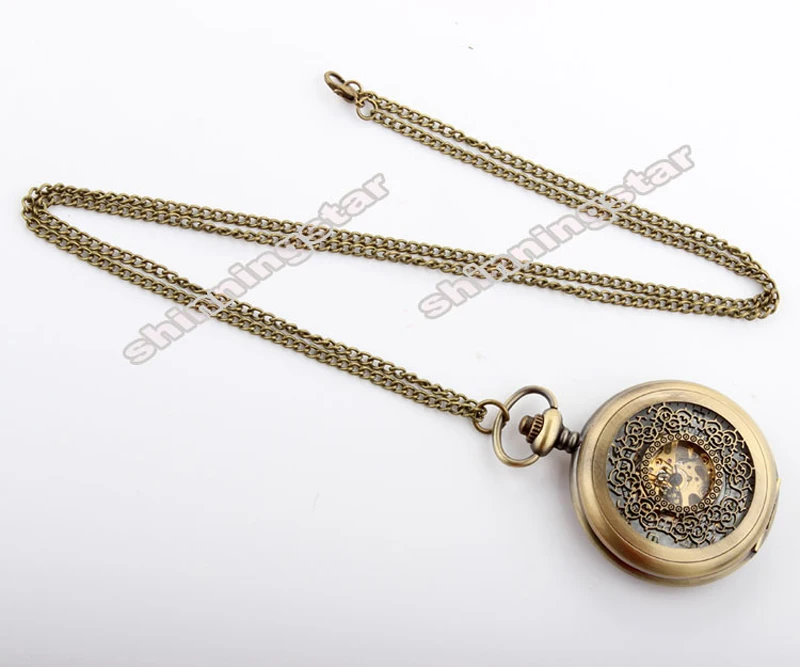 Roman Numeral Mechanical Pocket Watch Vintage Bronze Hollow Case Steampunk Skeleton Luminous Fob Chain Clock for Men Women Gift