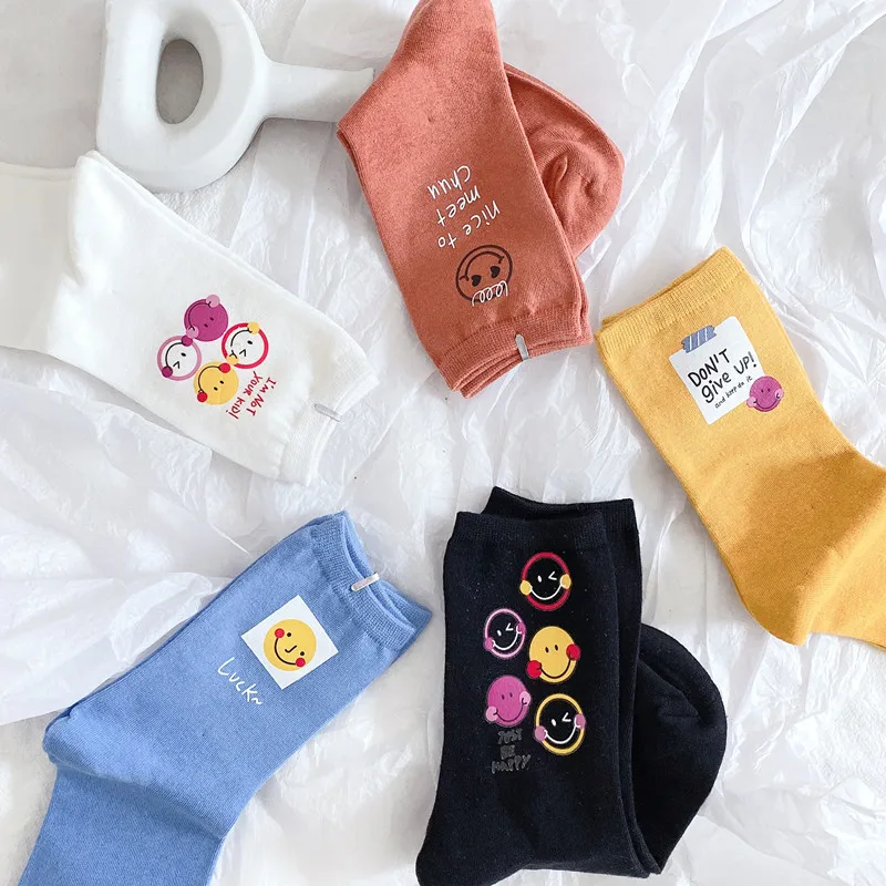 

20 Autumn and Winter New Products Fashion WOMEN'S Socks Cartoon Smiley Lettered Hot Stamping Womenâ€™s Mid-calf Length Sock Cotton