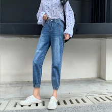 Новое поступление, осенние корейские модные женские свободные джинсовые штаны-шаровары с высокой талией, универсальные повседневные винтажные синие джинсы S340