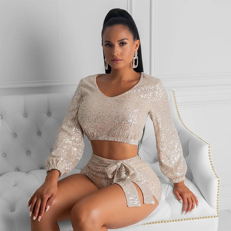 Dressmecb, осенний комплект из двух предметов, Женский комплект с блестками, полный рукав, v-образный вырез, топ на завязках, короткие штаны, комплект, повседневный комплект из 2 предметов