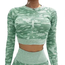 Женская камуфляжная облегающая футболка для бега и фитнеса с длинными рукавами, открытая футболка для йоги с открытой спиной, спортивный топ для бега и йоги