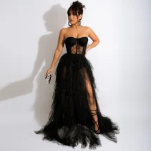  ANJAMANOR Elegant Sexy Evening Dresses 2022 Party Black Red See Through Lace Mesh Corset Maxi Dress Luxury Evening Gown D35-GI37 