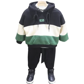 

2PCS WLG boys winter clothing set kids velvet patchwork hoodie and black thick pant set baby boy warm casual clothes for 2-7T