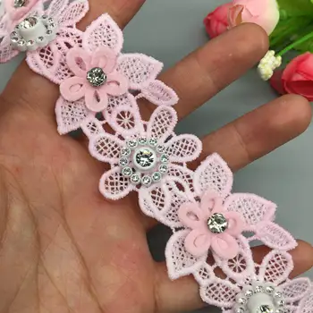 

2 Yards 3.5cm Pink Pearl Rhinestones Embroidered Lace Trim Ribbon Fabric Sewing Craft Patchwork Handmade For Costume Decoration