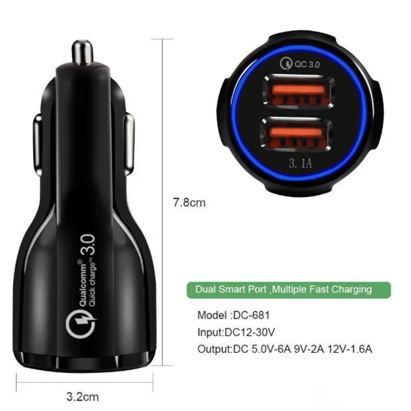 QC3.0 2 зарядных порта USB для автомобиля Зарядное устройство 5V 3.1A быстрой зарядки Quick Charge 3,0 Автомобиля Зарядное устройство для samsung S7 S6 Примечание
