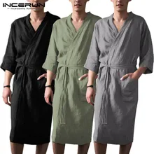 INCERUN, длинный халат, женское сексуальное ночное платье, кимоно, Мужская однотонная Пижама с рукавом 3/4, хлопок, лен, модная Повседневная Пижама с поясом