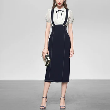 

Seifrmann Fashion Runway Summer Preppy Office Midi Skirt Suit Women Chiffon White Top＋Spaghetti Strap Skirt 2 Tow Pieces Sets