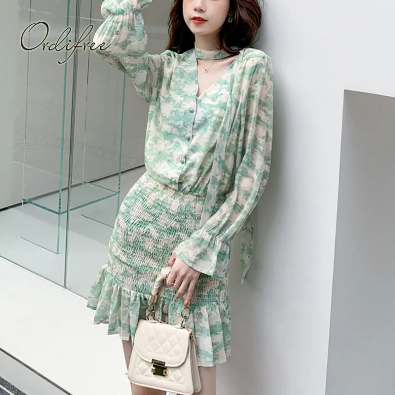 

Ordifree 2022 Summer Women Chiffon Mini Dress Long Sleeve Vintage Floral Print Short Tunic Beach Dress