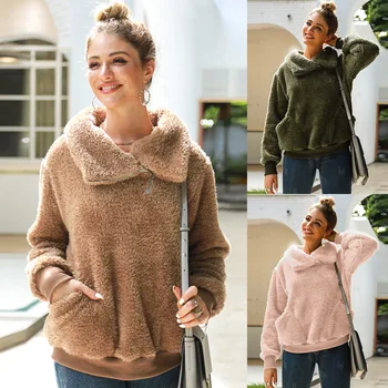

2019 Women Fashion Fluffy Fleece Sweatshirt Pullover Winter Casual Turtleneck Zipper Pocket Hoodies Loose Warm Soft Solid Tops