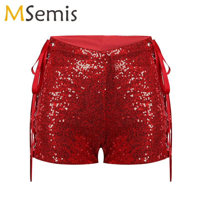 Women Shiny Sequins Side Lace Up Hot Sexy Mini Shorts Party