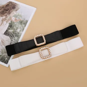 

Belts for Women Designers New Pearl Buckle Pu Elastic Decoration Girdle Luxury Fashion High Quality Waist Black White Wide Belt