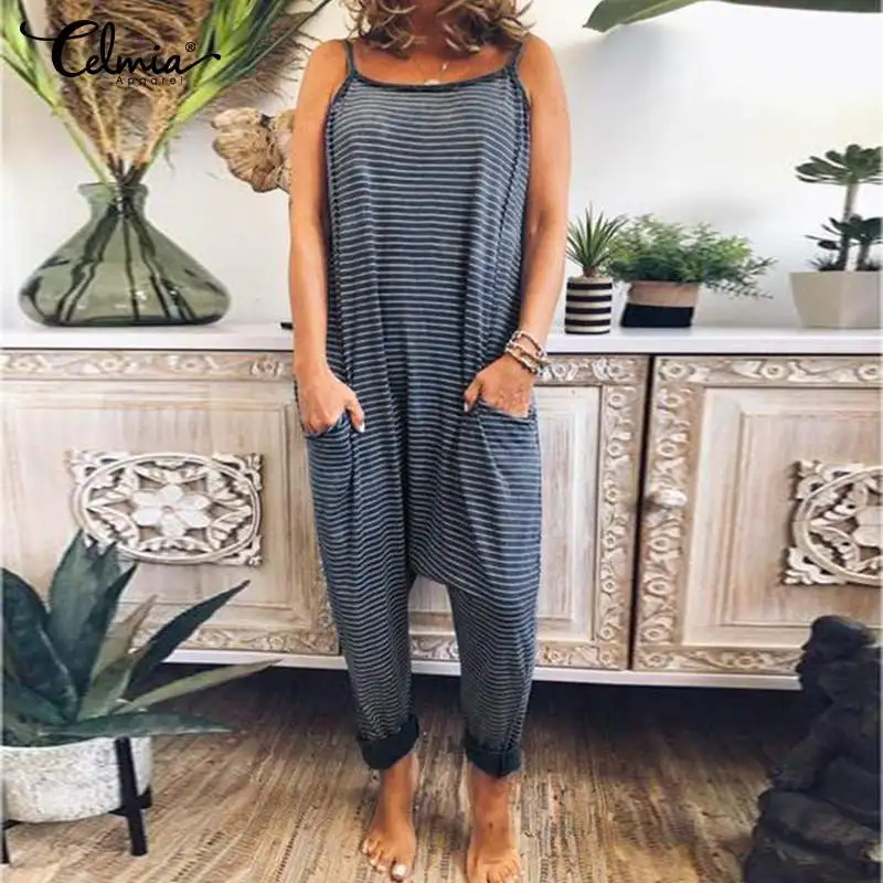 Celmia Plus Size Drop-Crotch Jumpsuits Women Casual Sleeveless Striped Rompers 2020 Summer Sexy Straps Loose Harem Pants Femme Celmia Plus Size Drop-Crotch Jumpsuits Women Casual Sleeveless Striped Rompers 2020 Summer Sexy Straps Loose Harem Pants Femme