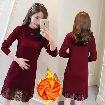 

2019 Autumn Winter Korean Fashion Maternity Nursing Dress Warm Plus Velvet Breast Feeding Clothes for Pregnant Women Pregnancy