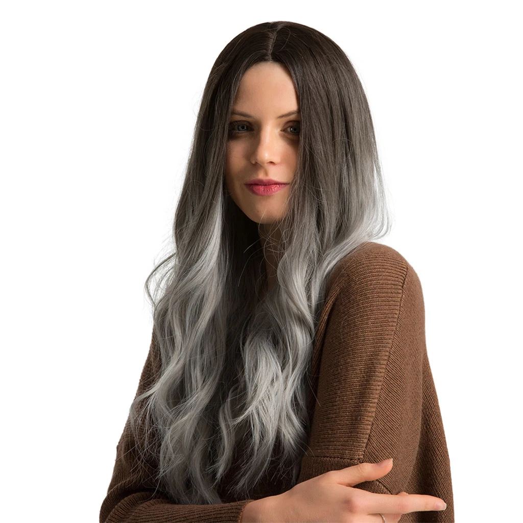 130% Density Wigs Wavy Ombre Synthetic Wig with Black Roots Gradient Blue Parting Half Hand Tied No Lace Front