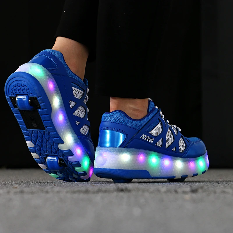 Two Wheels Luminous Sneakers Led Light Roller Skate Shoes for Children Kids Shoes Boys Girls Shoes Light Up Unisex Red Blue