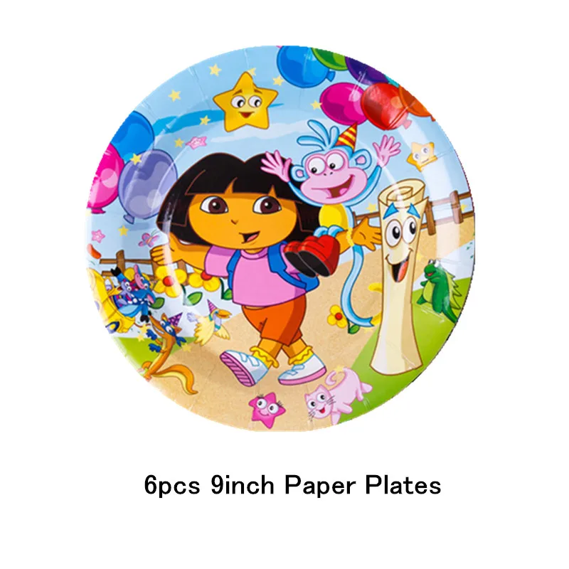 9 inch Plate(6pcs) Вечерние одноразовые столовые приборы с рисунком Даши-путешественницы, бумажные тарелки, салфетки, баннеры, соломинки, для дня рождения ребенка - Цвет: 9 inch Plate(6pcs)