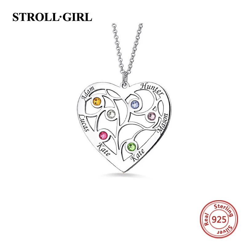 StrollGirl, 925 пробы, Серебряное сердце, семейное дерево, подвеска, ожерелья с гравировкой, с именами и камнями по месяцу рождения, ювелирные изделия из стерлингового серебра