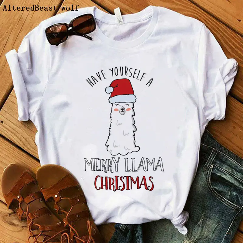 Футболка Mama Llama модная футболка с коротким рукавом Llama femme Забавные топы с принтом женская одежда llama белая Рождественская футболка - Цвет: as picture