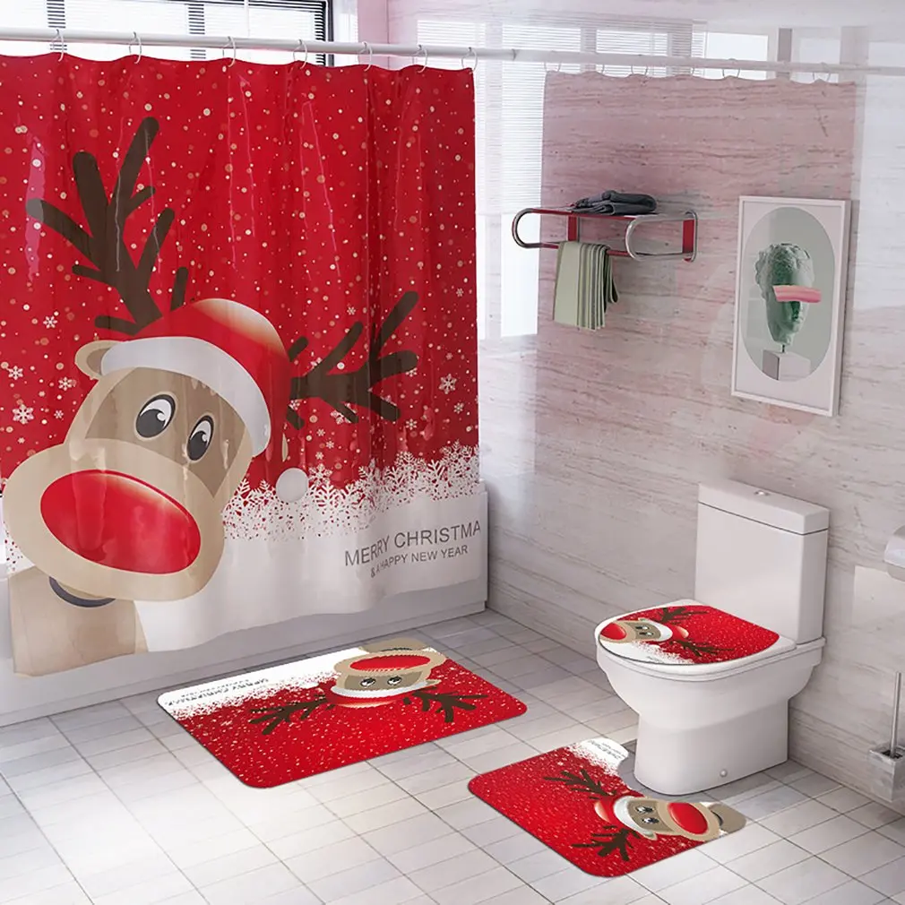 Рождественский принт занавеска для душа ковер коврик комбинированный коврик для ванной туалета ванная комната занавеска набор напольный коврик - Цвет: CW28110