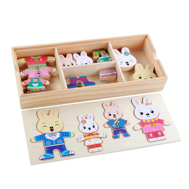 QWZ Little Bear Change Clothes Children's Early Education Wooden Jigsaw Puzzle Dressing Game Baby Puzzle Toys For Children Gift 5