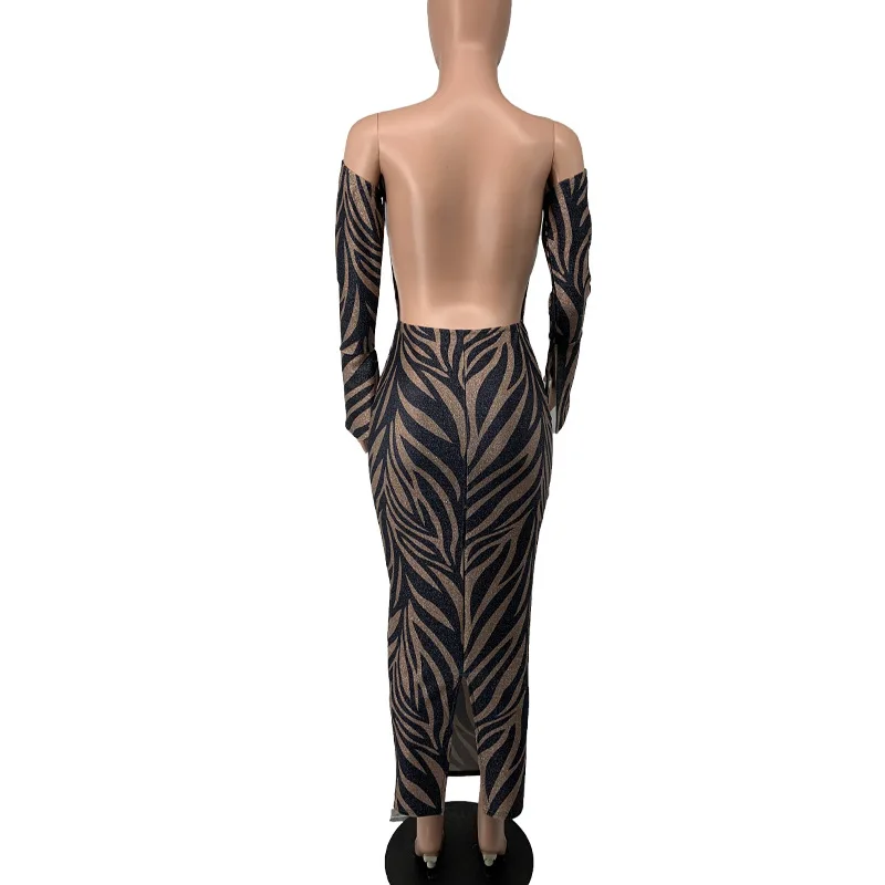 Sexy Backless Women Maxi Pencil Dress Slash Neck Long Sleeve Printed Long Dress Party Club Style Bandage Dress