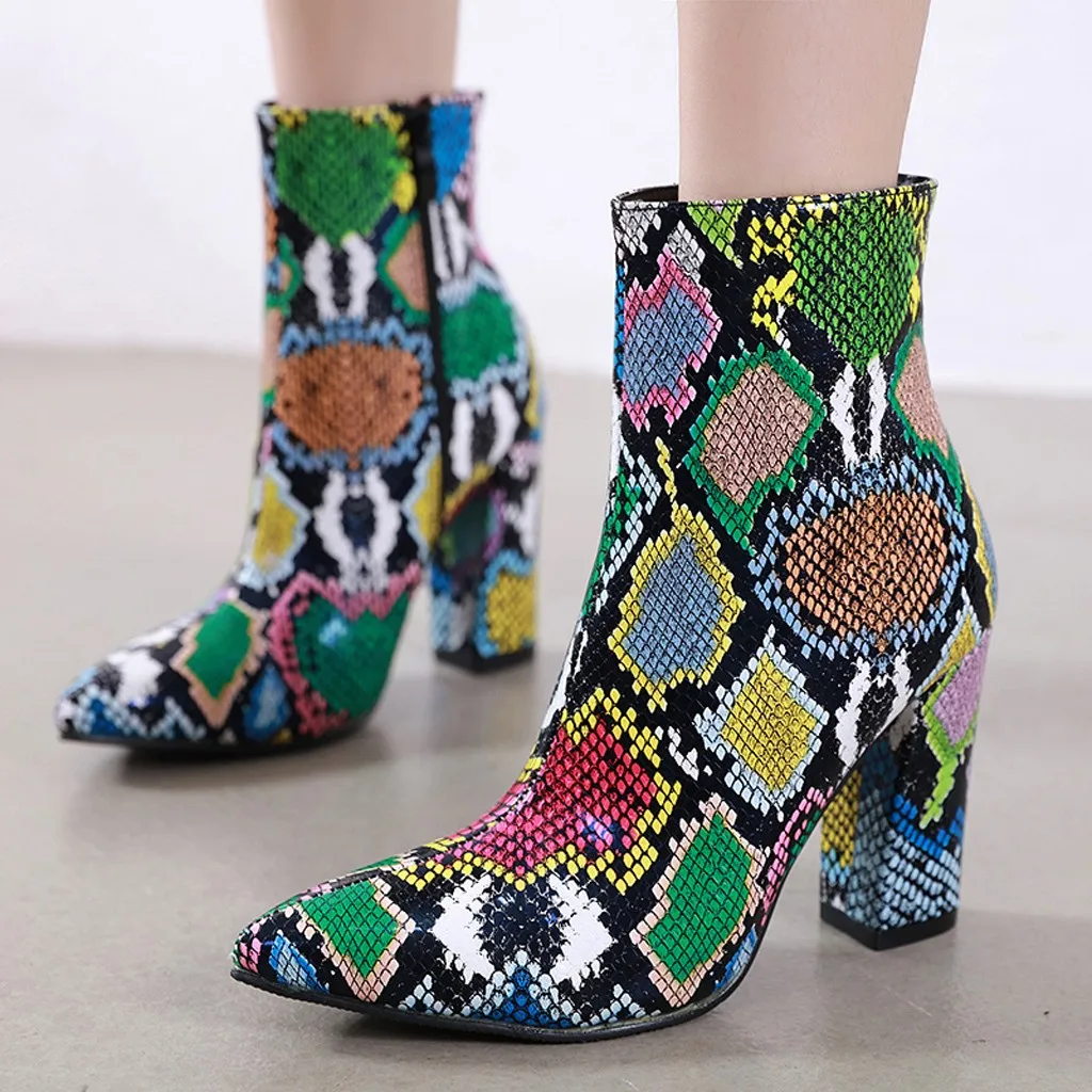 Женские Винтажные ботинки на высоком каблуке; женские разноцветные ботинки на толстом каблуке со змеиным узором; пикантная обувь на высоком каблуке; bota feminina# g3