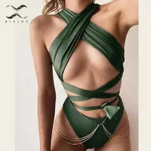 Сексуальный бандажный слитный купальник, Женский Одноцветный купальник с высоким вырезом, женские открытые боди, монокини, купальный костюм, бикини