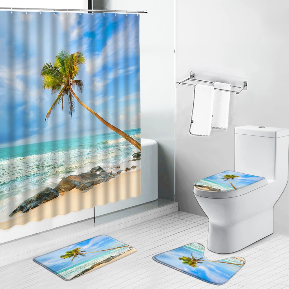 

Ocean Beach Palm Tree Scenery Shower Curtain Set Starfish Sailboat Sea Navigation Bathroom Curtain Toilet Lid Cover Rug Bath Mat