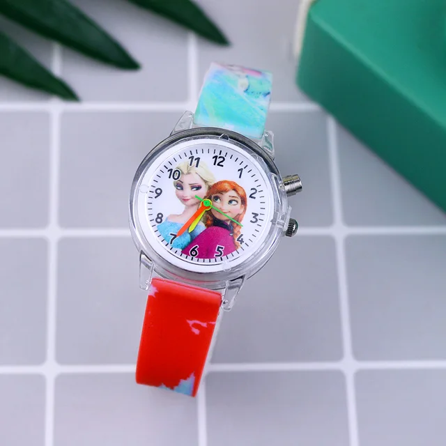 Fashion Cartoon Flash Light Girls Watches Kids with Bracelet Silicone Strap Princess Elsa Children Watches Clock reloj infantil Red one watch