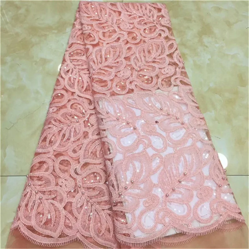 pink Latest French Nigerian Laces Fabrics High Quality Tulle African bead sequins Fabric Wedding Lace | Дом и сад