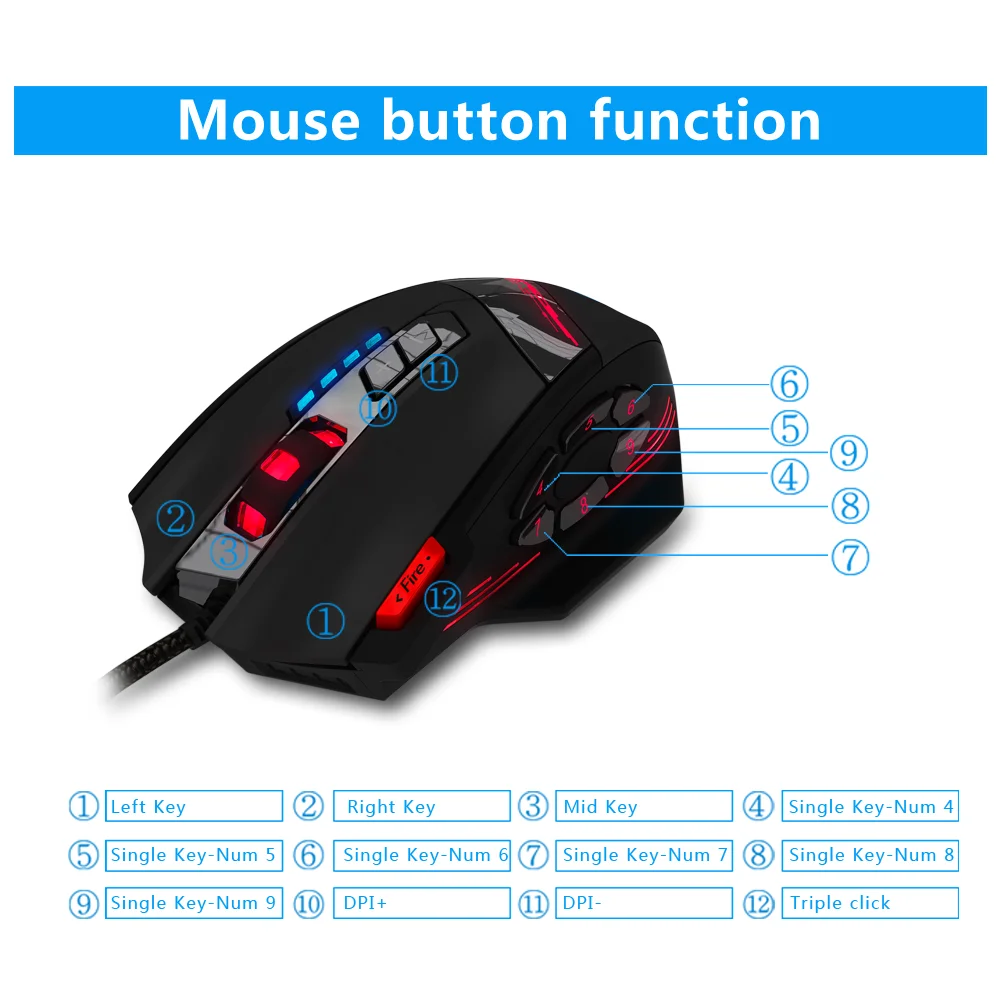 Wired Mouse USB Optical Gaming Mouse 12 Programmable Buttons Computer Game Mice 4 Adjustable DPI 7 LED Lights