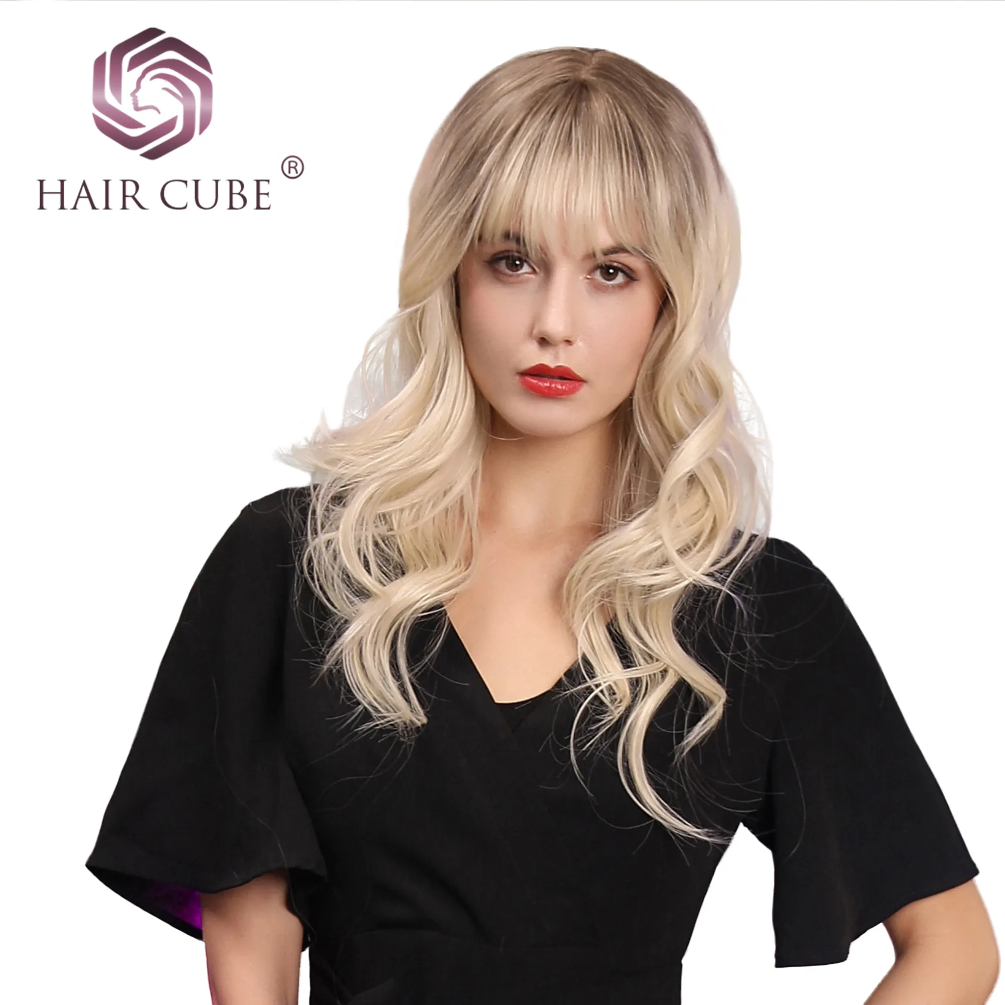 

Haircube 18 inch Long Synthetic Wig with Bangs Dark Root Light Brow Color Heat Resistant Fiber Natural Wave Wigs for Women