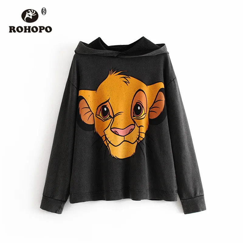  ROHOPO Hooded Cartoon Lion Animal Black Pullover Hoodies Autumn Ladies Baggy Streetwear Sweatshirt 