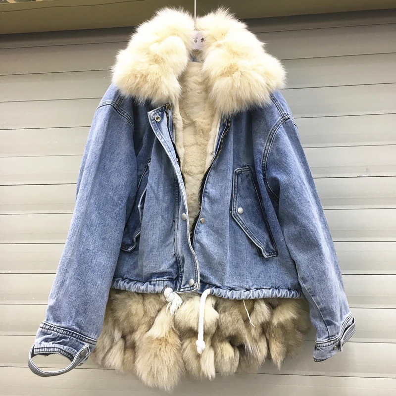 low cost  Natural Fox Fur Collar + Detachable Rabbit Fur Liner Denim Coat Winter Women Thickened Warm Coat Ja