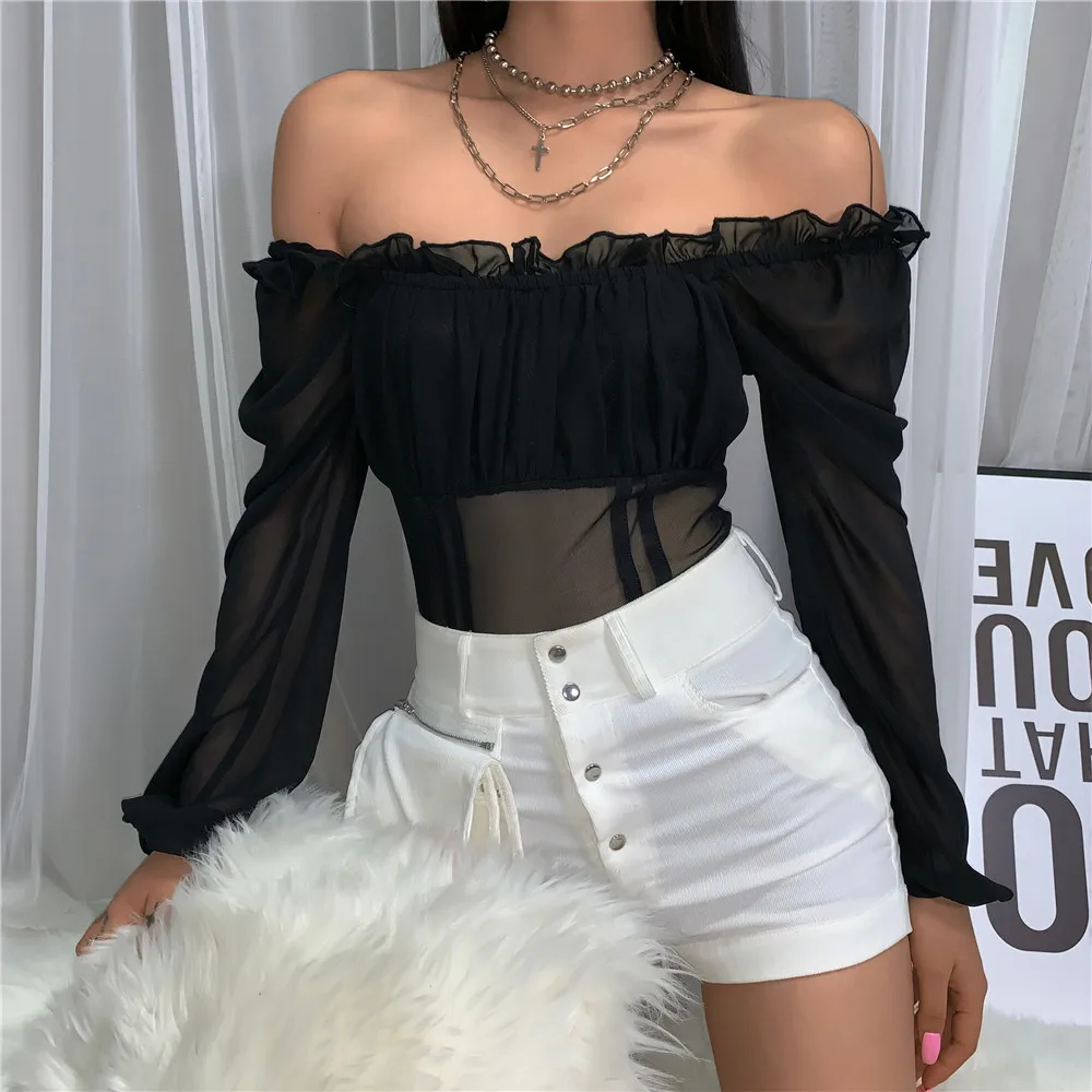 Women Bodysuit Bodycon Jumpsuit Romper Leotard Long Sleeve Ruffles Mesh Patchwork See Through  Tops Playsuit