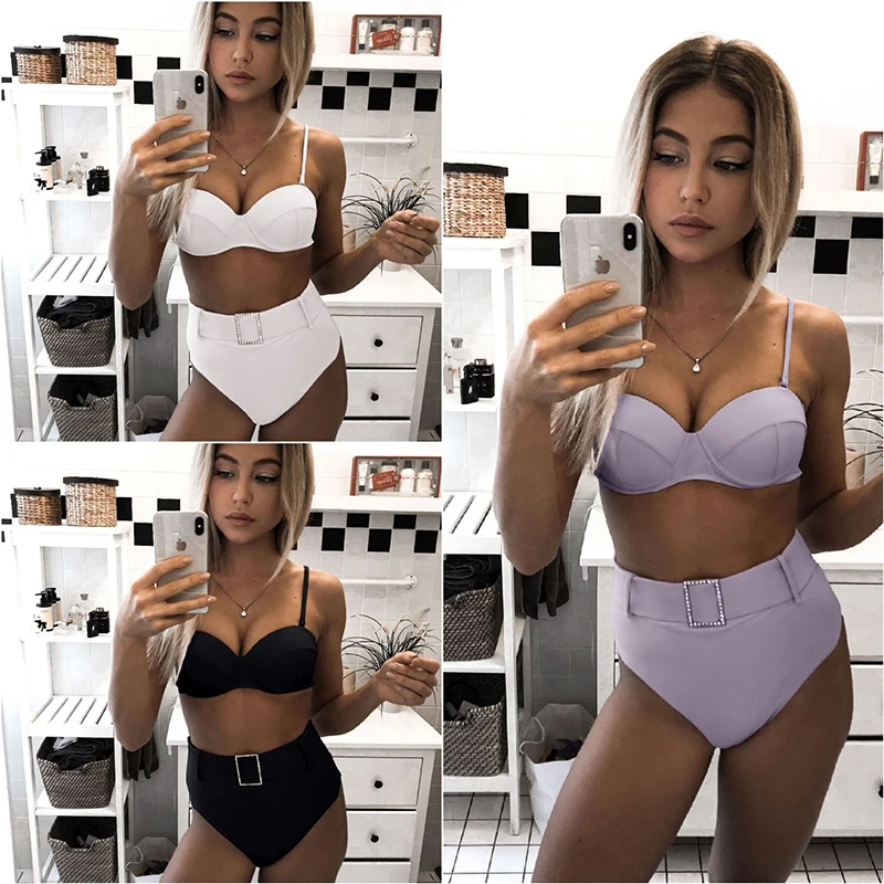 

Women Backless Split Bikini Suit Swimming Wear Hard Bra High Waist Strappy Bikini Two Piece Swimsuit Bathing Suits