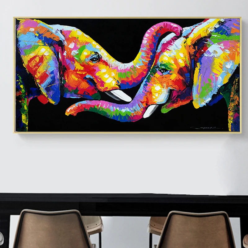 

Colorful Elephant Oil Paintings on Canvas Wall Art Posters and Prints Couple Elephants Cuadros Pictures for Living Room Decor