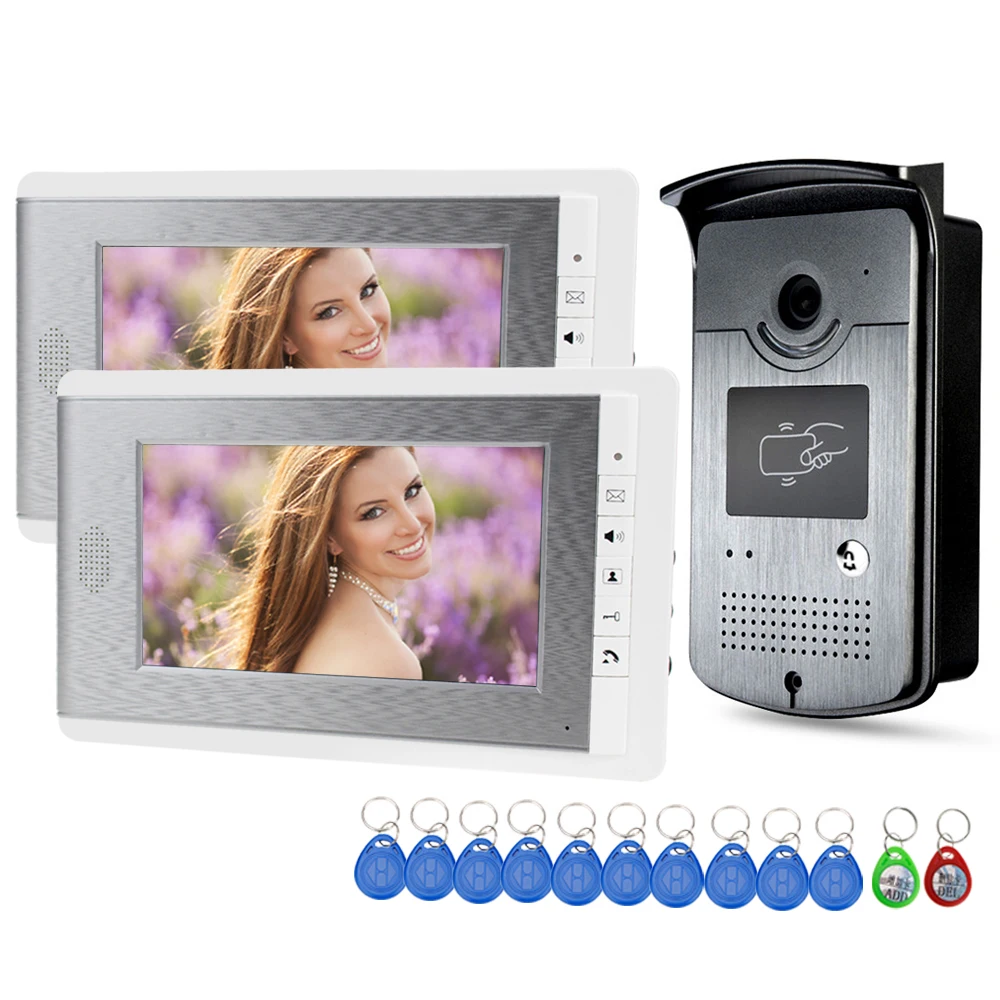 7''-tft-color-rfid-video-door-phone-intercom-doorbell-wired-access-entry-system-for-home-2-monitors-video-camera-night-vision