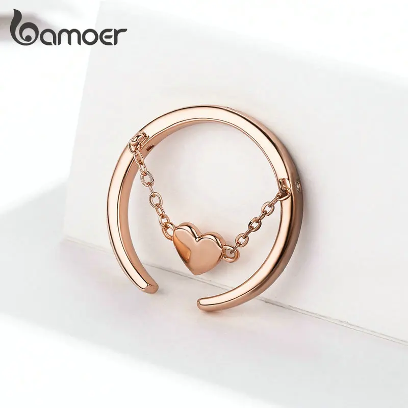 

bamoer Heart Chain Ring Band for Women Minimalist Simpe Design Jewelry 925 Sterling Silver Luxury Bijoux GXR572