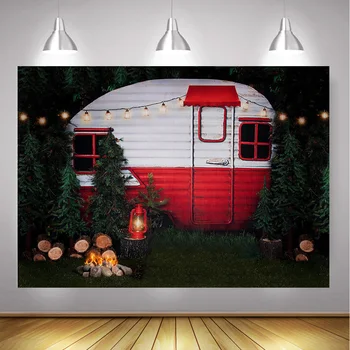 

Wild Christmas Picnic Party Backdrop Fire Jungle Barbecue Wooden Photocall Red and Green White X-mas Trees Background Night