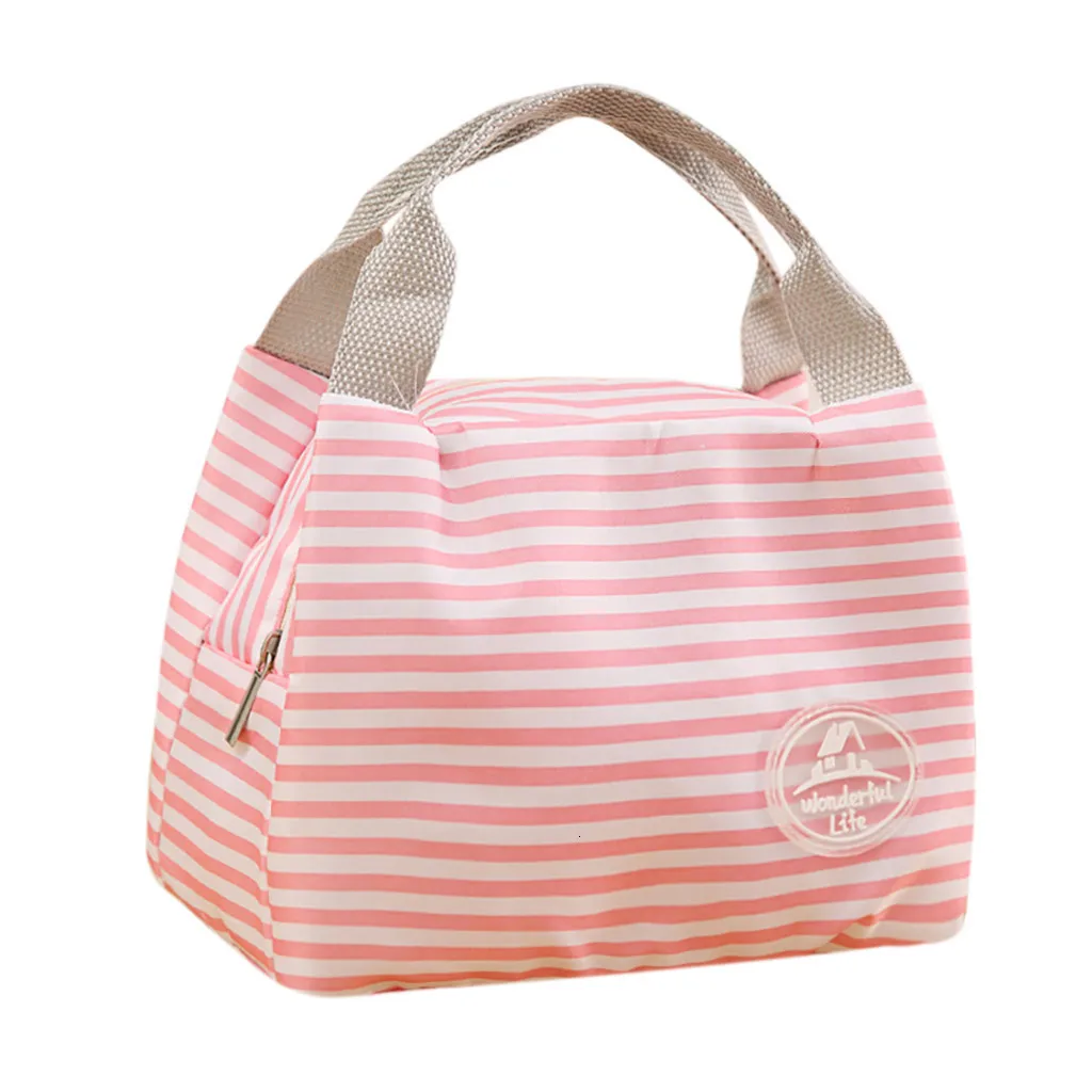 Insulated Cold Canvas Stripe Picnic Carry Case Thermal Portable Lunch Bag Thermal Food Picnic Lunch Bags For Women Kids
