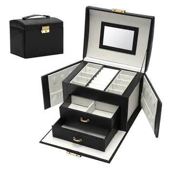 

AFBC Jewelry Box Large Capacity Earrings Necklace with Mirror Watch Jewelry Drawer Storage Box Necklaces Velvet Lining Black