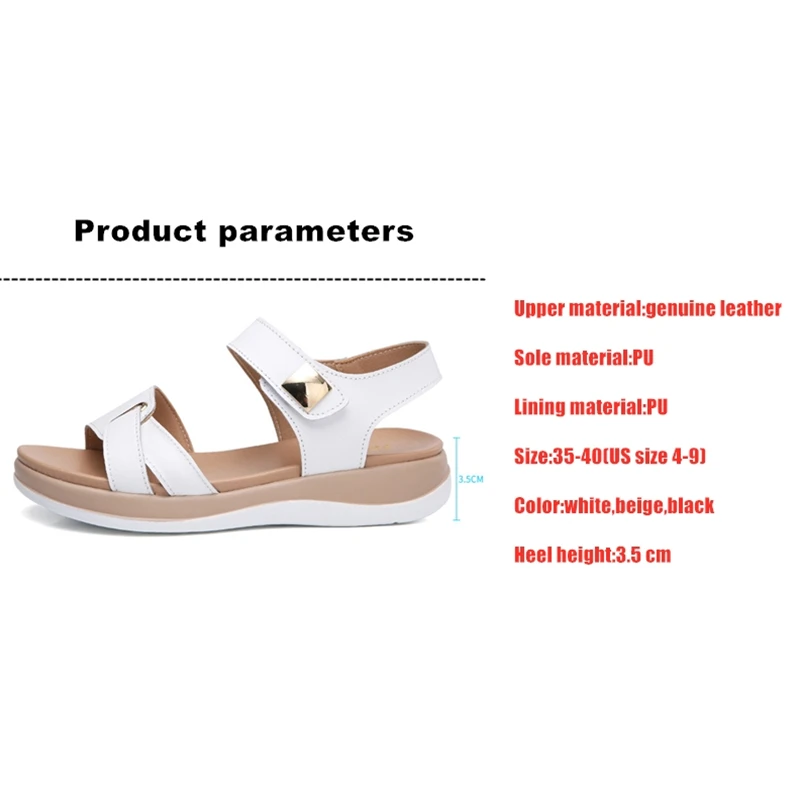 Women Genuine Leather Shoes Sandals Flats Soft Hook Loop Korean Bling Summer Beach Size 35-40