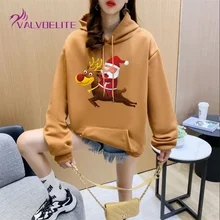 

2021 Winter New Plus Velvet Warm Ladies Hoodie Christmas Print Round Neck Top Sweatshirt Fashion All-match Pullover Long Sweater